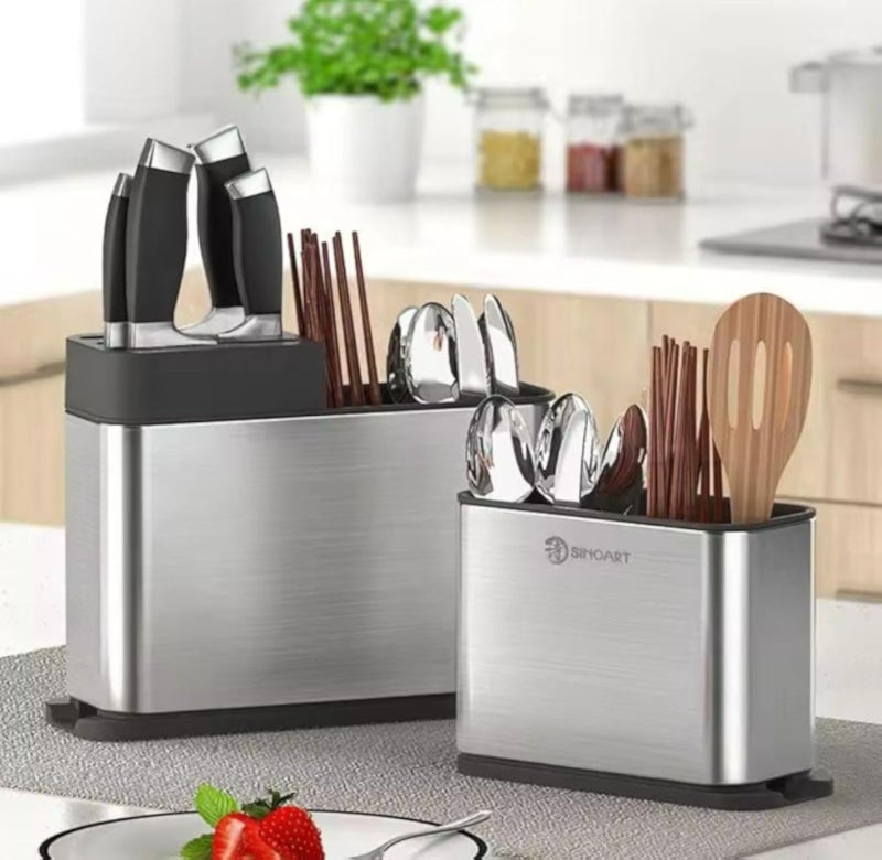 حامل أدوات مطبخ فاخر من الفولاذ المقاوم للصدأ - مصفاة أدوات مائدة بأربعة أقسام مع رف اختياري للسكاكين - ملحق مطبخ أنيق ومتين ومقاوم للصدأ للمنزل وغرفة الطعام